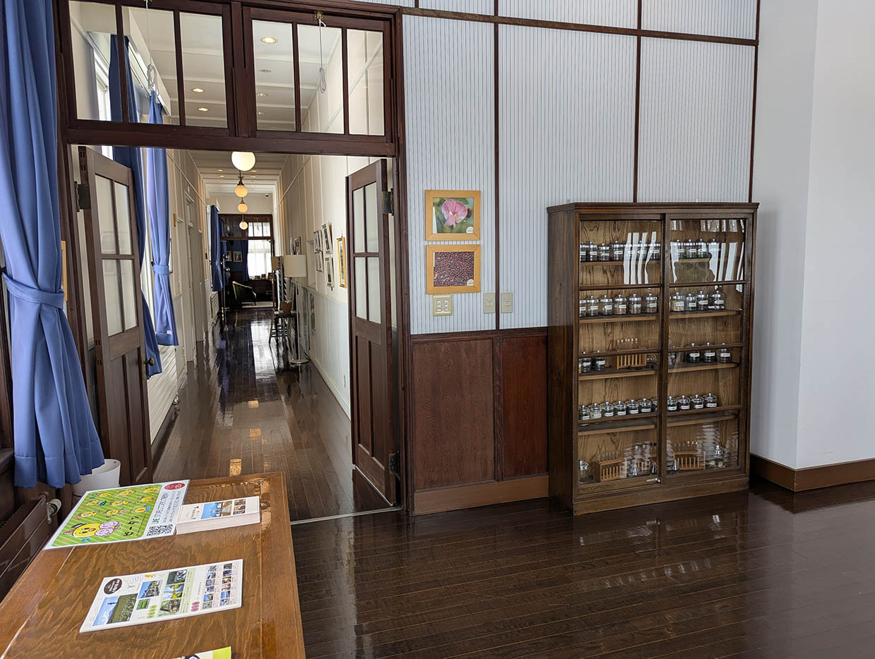 道の駅なかさつない「ビーンズ邸」の廊下と展示室。木製のキャビネットに十勝産の豆が並び、奥にはクラシカルな廊下が続いている。
