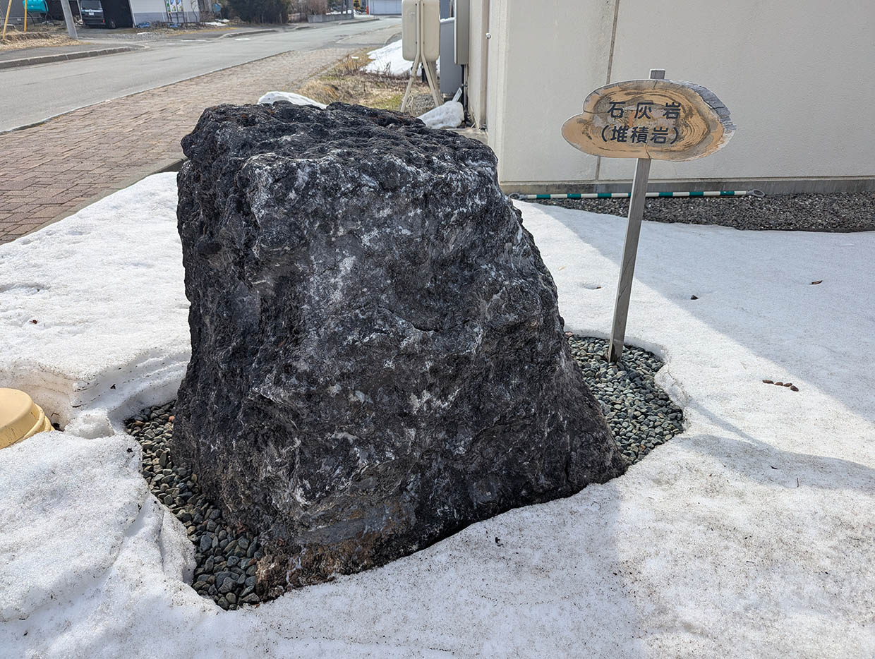 北海道日高町、道の駅樹海ロード日高に設置された推積岩の標本、雪に囲まれた展示