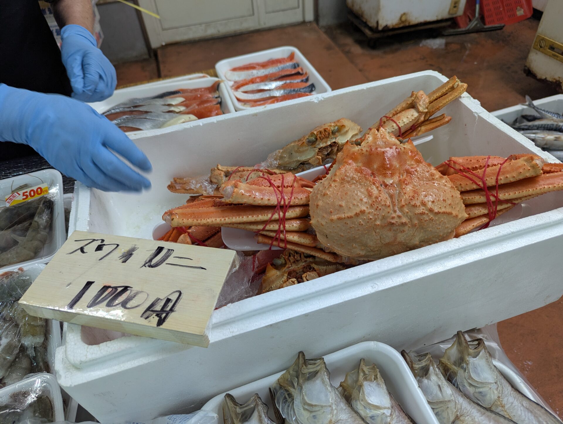 発泡スチロールに氷と一緒に並ぶズワイガニ。大ぶりの甲羅と足が目を引き、赤いゴムでしっかりと束ねられている。青い手袋の店員が横に立ち、手書きの木札に『ズワイガニ 1000円』と書かれている。