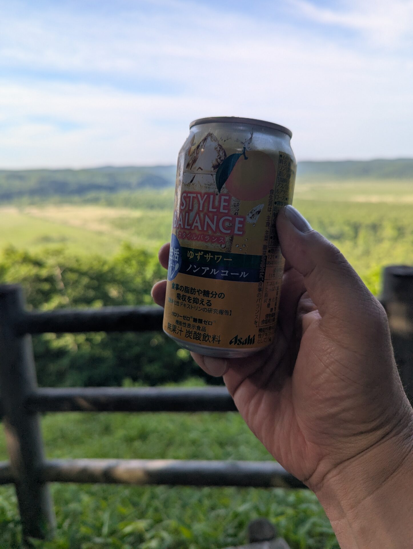 夢ヶ丘展望台で景色を背景に掲げたゆずサワーの缶
