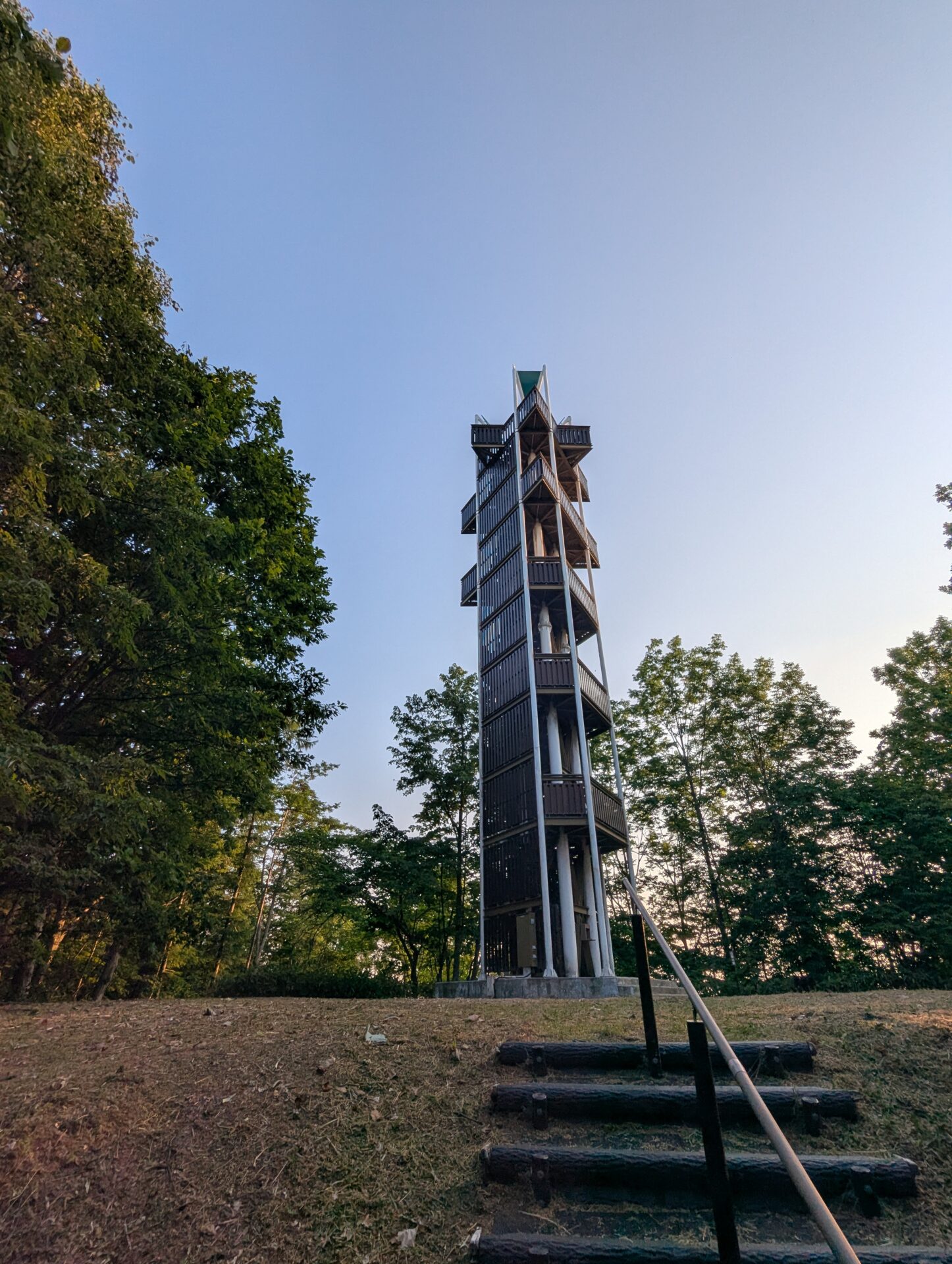 一本木展望タワーを見上げる構図。青空を背景に、木々に囲まれた細長い木造の展望タワーが空高くそびえ立つ。手前には丸太の階段が続いている。
