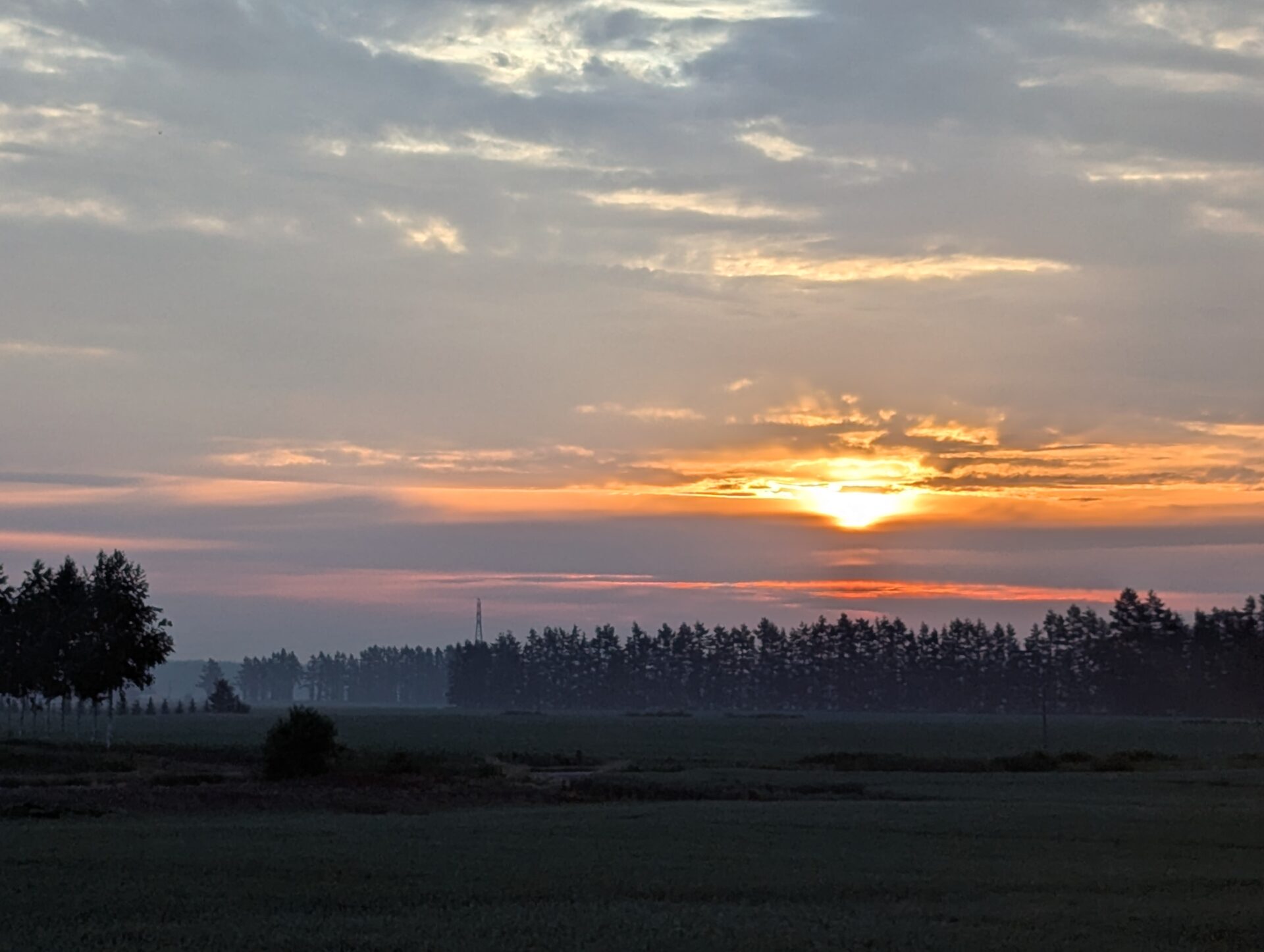 道の駅しかおいから移動中、木立の向こうに昇る柔らかな朝日と広がる空