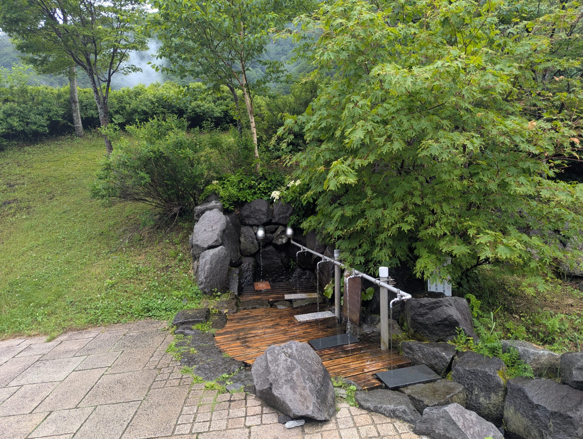 翠明橋公園の湧き水が流れ落ちる蛇口と岩場、木々に囲まれた水場