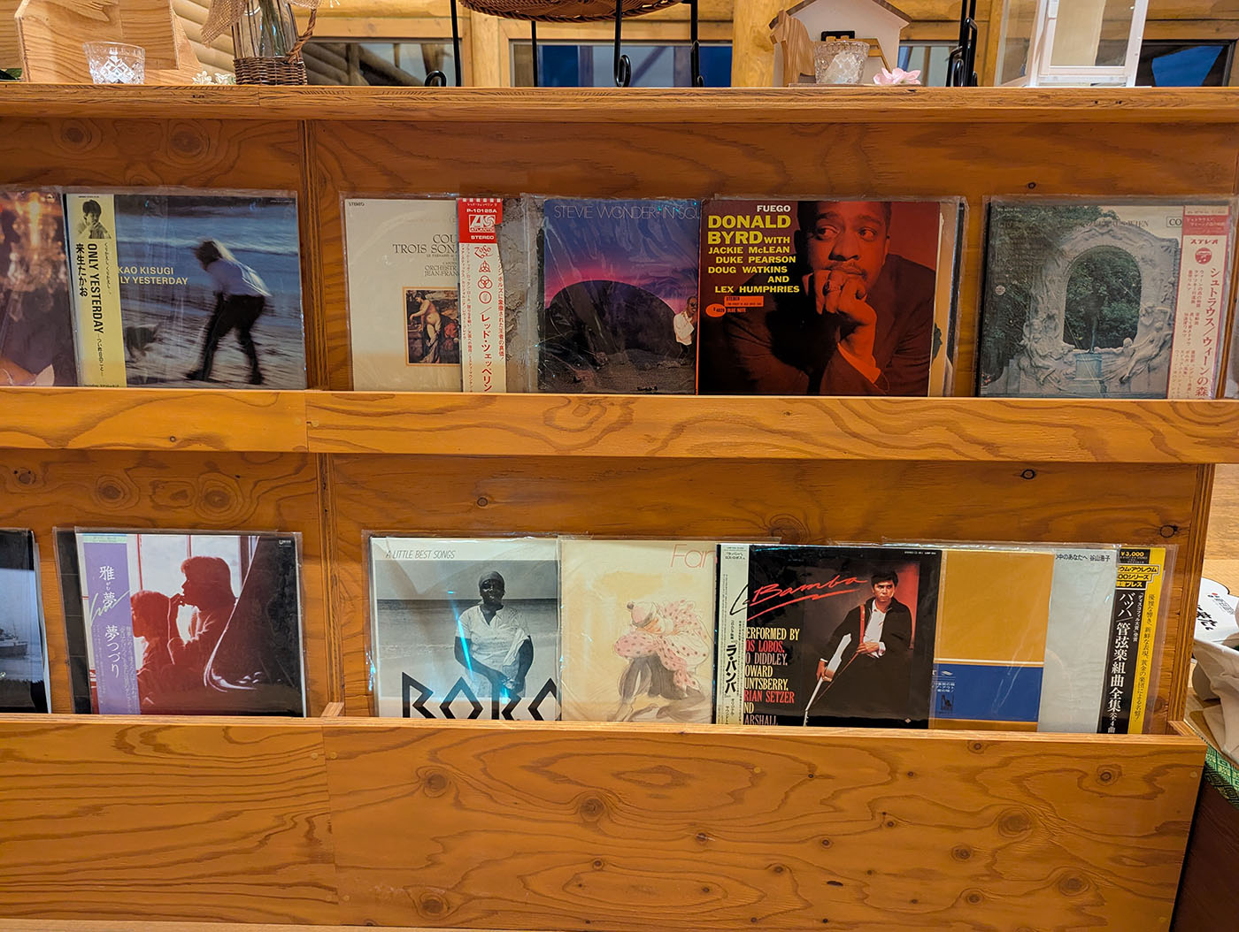 新冠温泉の棚に並べられたレコードジャケット。ジャズや洋楽、日本のアルバムが混ざっている