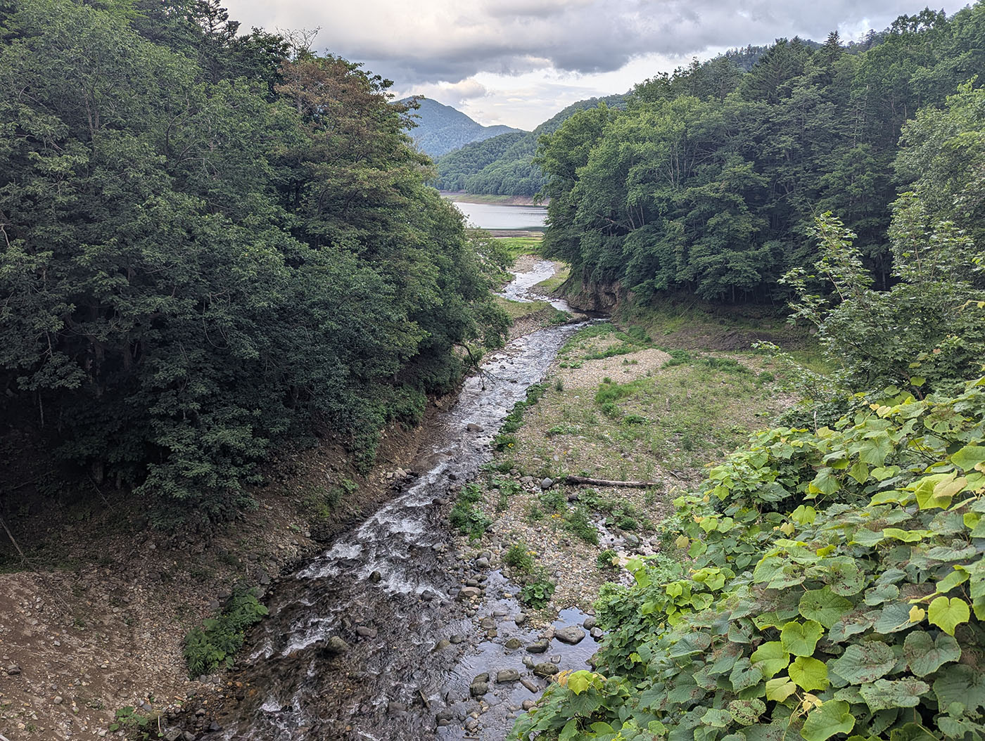 糠平橋梁の上から眺めた糠平川と湖、深い森に囲まれた自然の風景