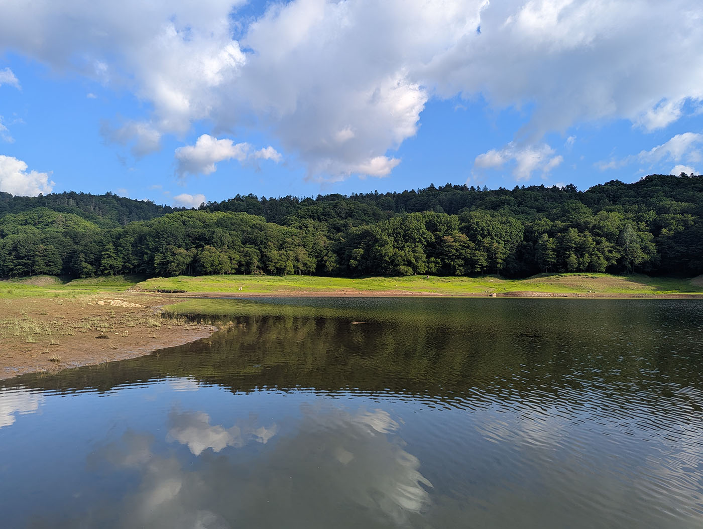 糠平湖の水面に青空と雲が映る風景、対岸には濃い緑の木々と明るい草地