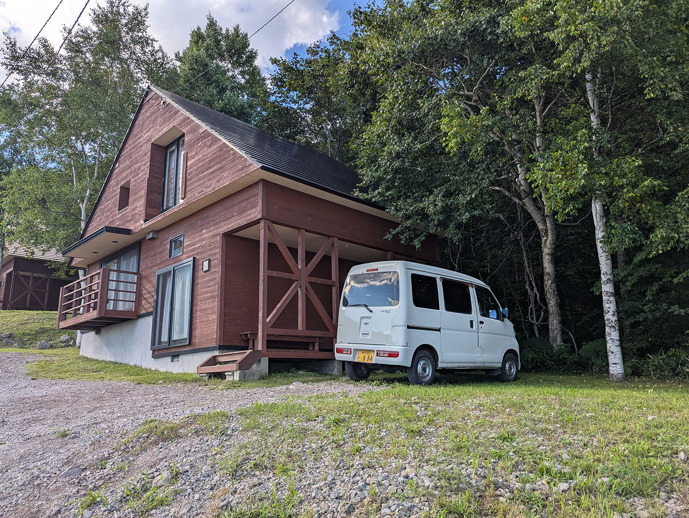 森に囲まれたロッジと、その前に停められた白い軽ワゴン