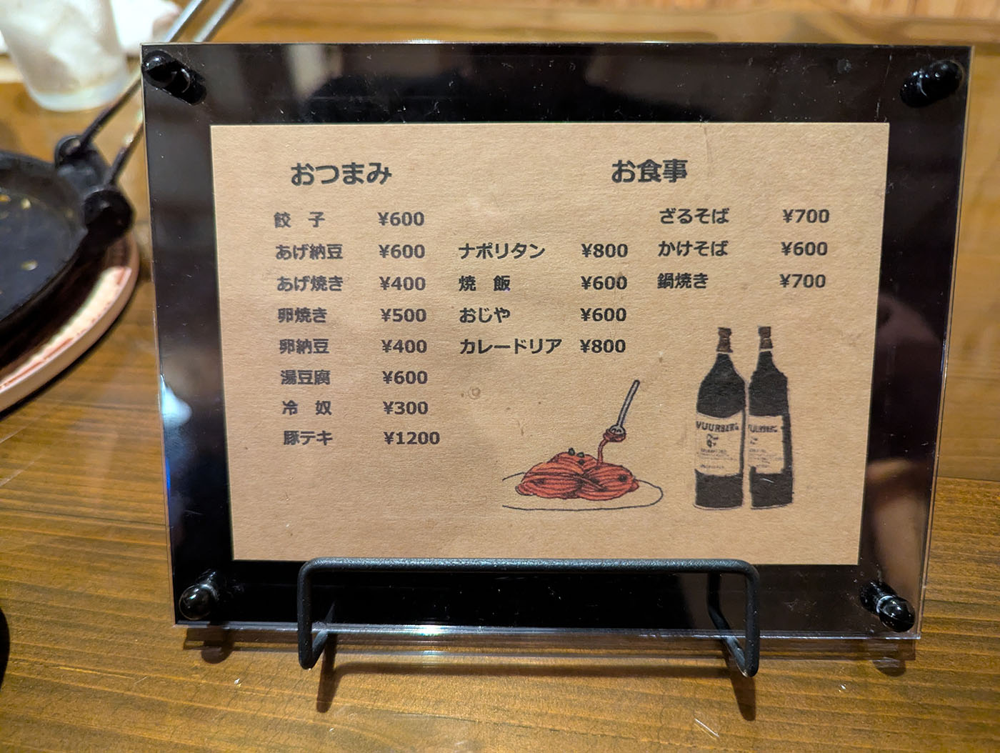 五三五のメニュー表。おつまみと食事の品目と値段が並んでいる。