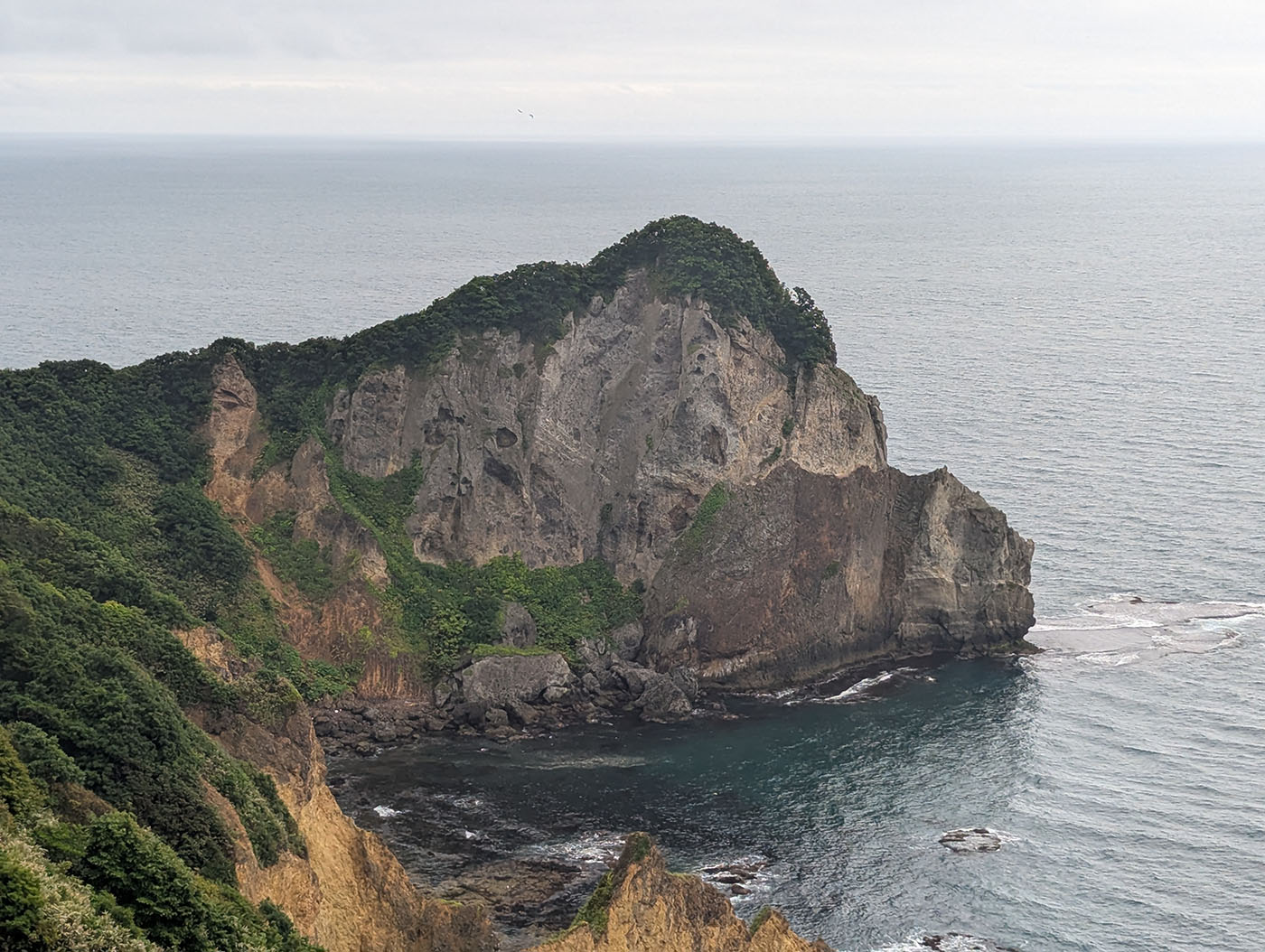 赤褐色の断崖が迫る金屏風の岩肌