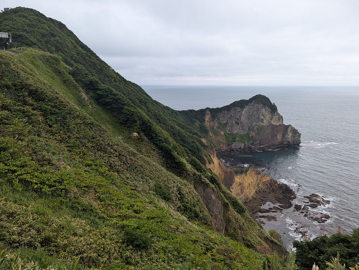 海と山並みを背景にした金屏風の全景