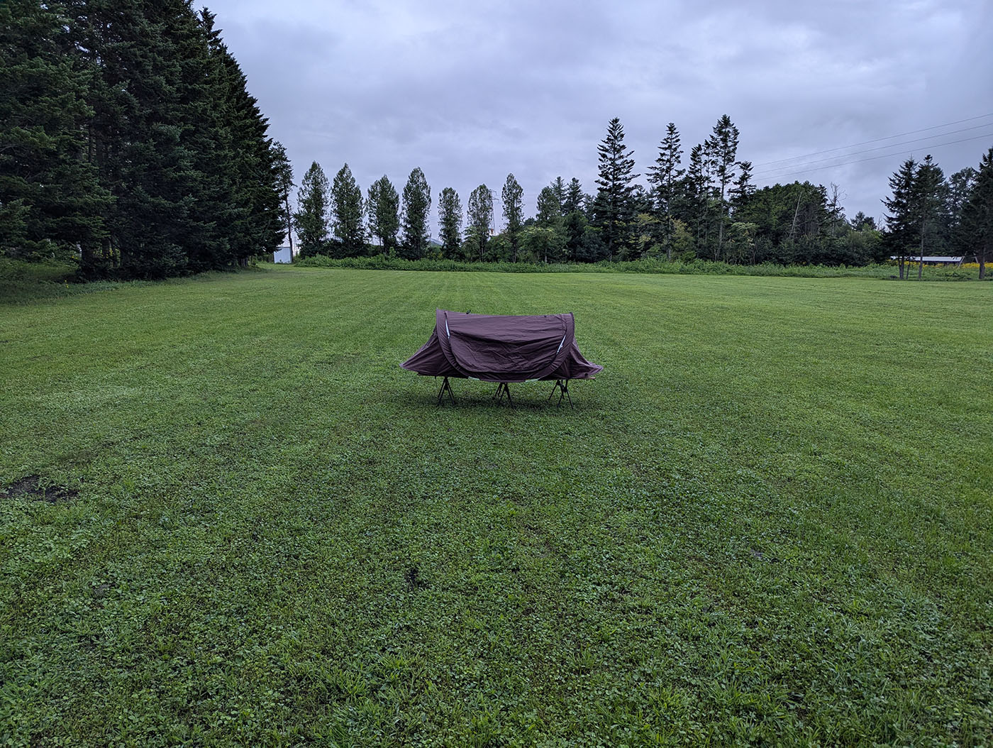 十勝まきばの家フリーサイトの広大な芝生の上に、小さなソロテントが設営されている。曇り空の下、緑に囲まれた静かなキャンプ風景。
