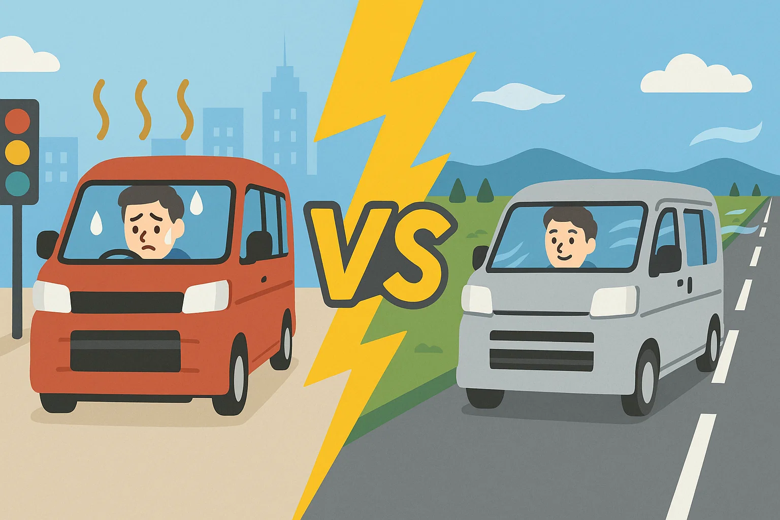 左側：夏の市街地を背景に、アトレーが信号で止まって汗をかいているイメージ（クーラー必須感）。右側：北海道のまっすぐな道を背景に、ハイゼットカーゴが涼しい風を受けて走っているイメージ。真ん中に『燃費バトル！』の雰囲気を漂わせる稲妻や対決アイコン。全体はシンプルなフラットデザインで、軽ワゴンの燃費比較を表現。