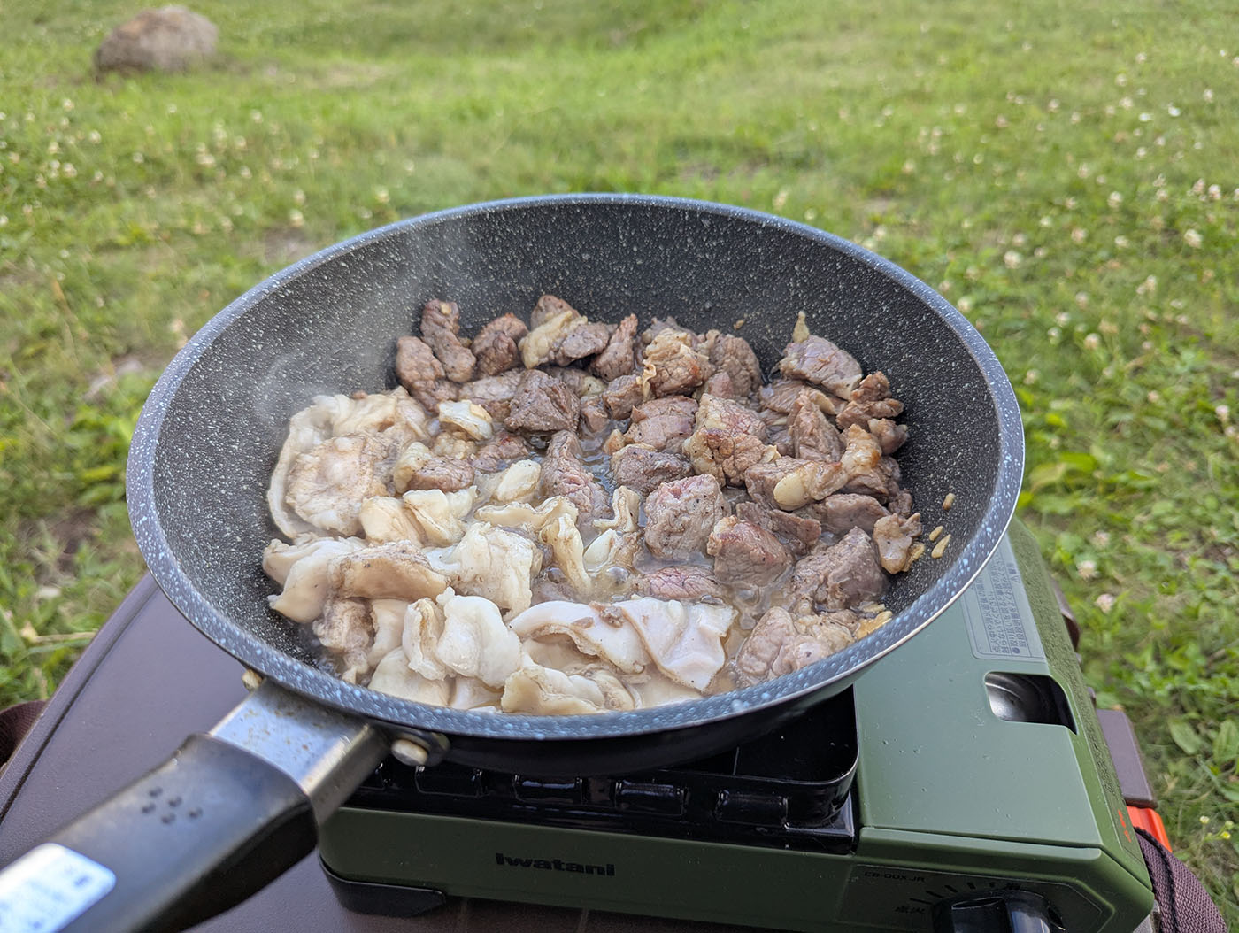 カセットコンロの上でホルモンと牛肉を焼くフライパン。ヌプカの里のキャンプサイトでの夕食準備。