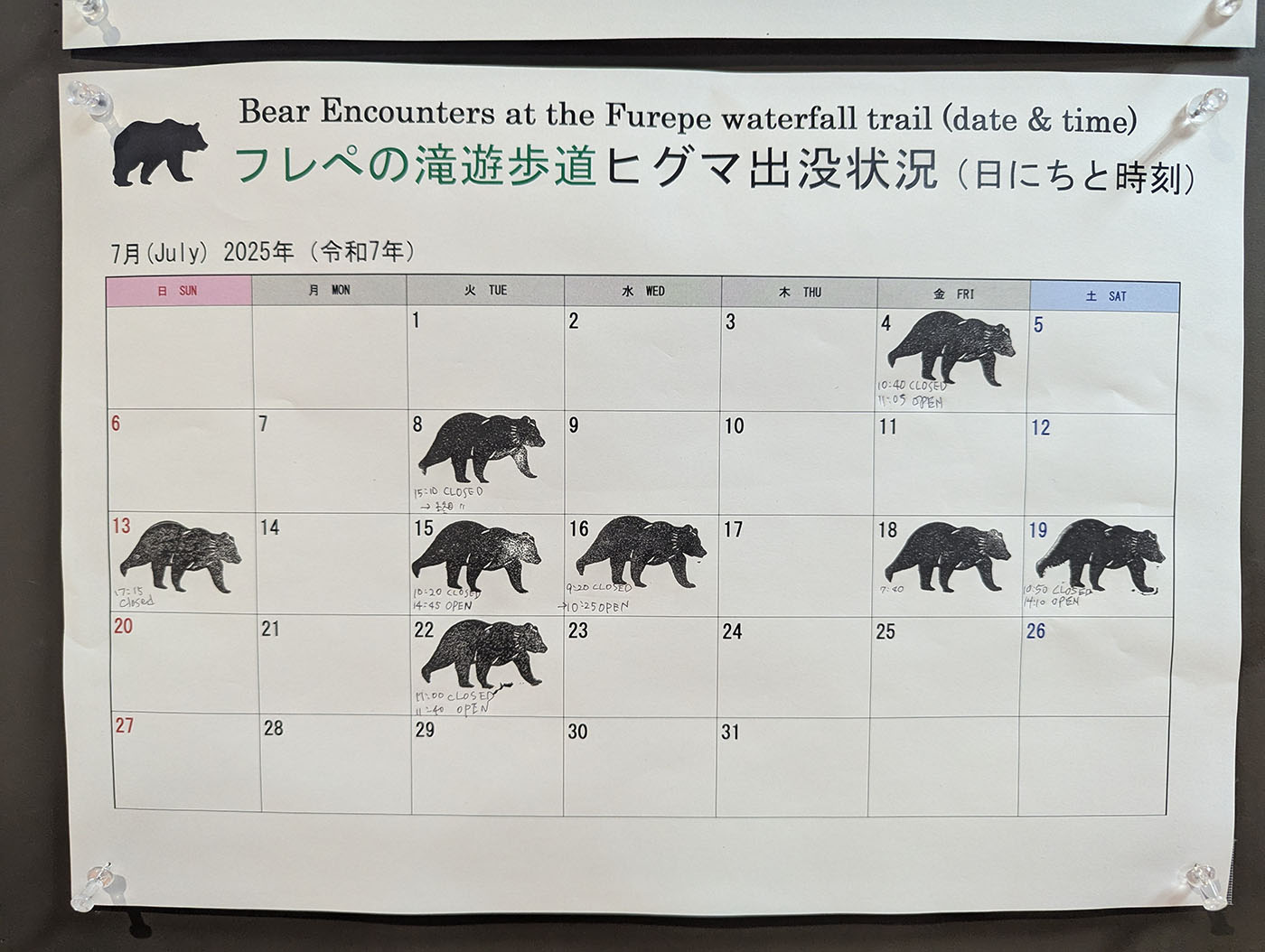 知床自然センターに掲示されたフレペの滝遊歩道のヒグマ出没状況カレンダー。クマのイラストと出没時間が日ごとに記されている。