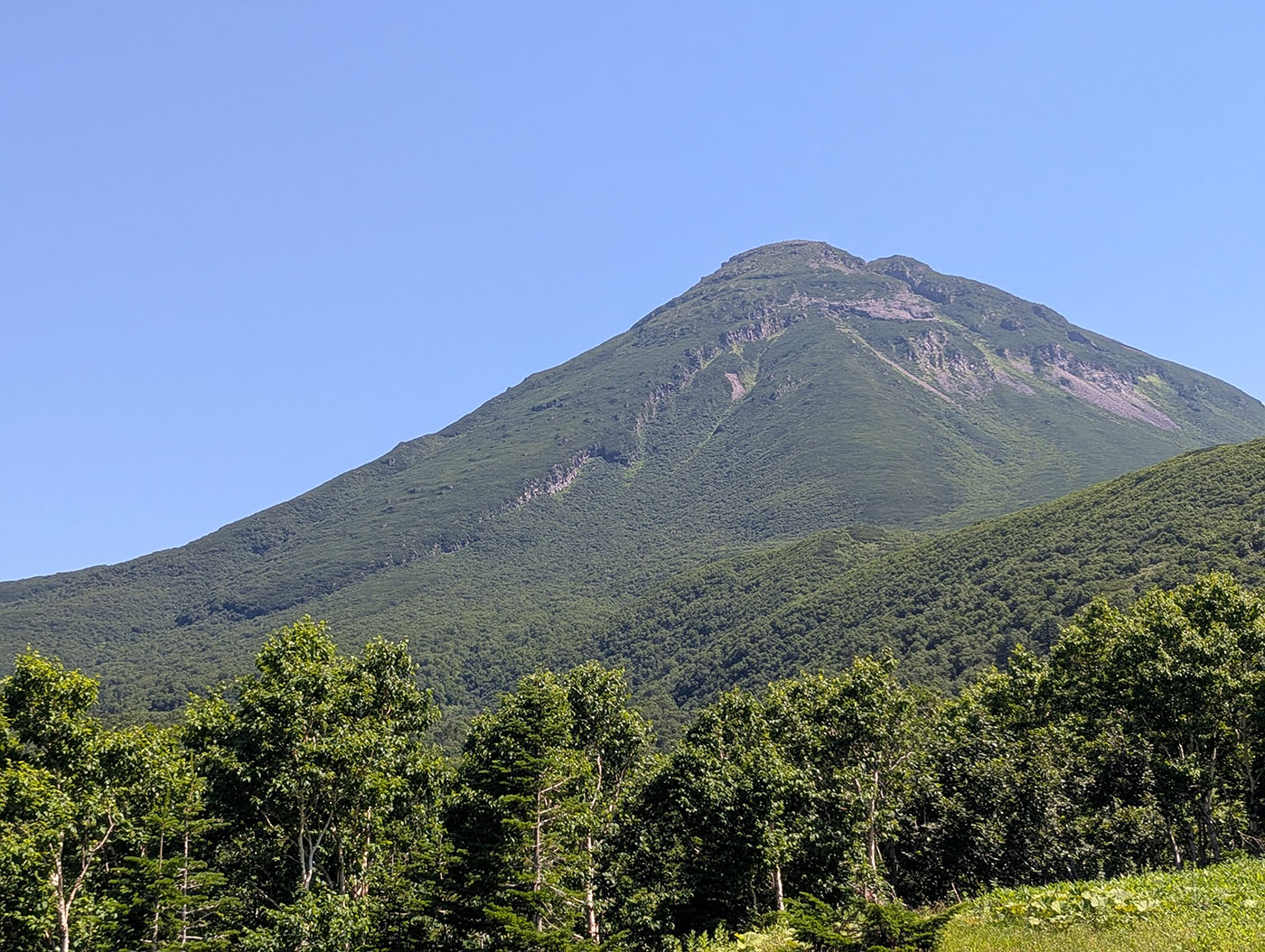 夏空の下、知床峠近くから見上げる羅臼岳。濃い緑の斜面と岩肌がくっきりと見える。