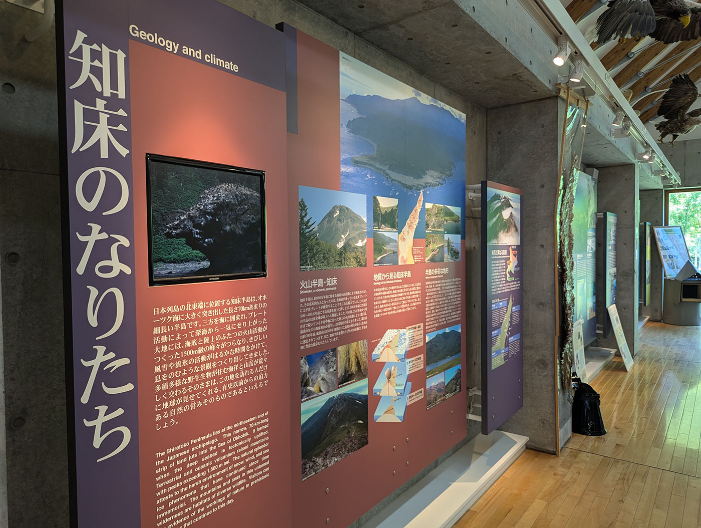 知床羅臼ビジターセンター館内に並ぶ巨大パネル展示。「知床のなりたち」と題し、地質や火山、自然環境を紹介している。