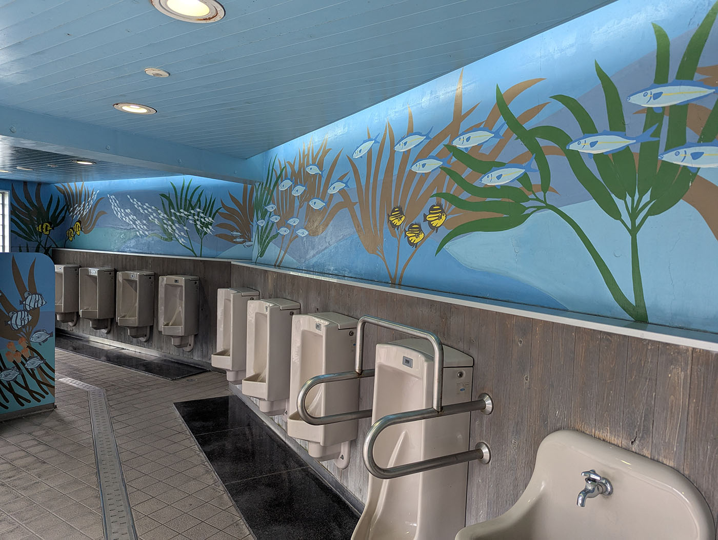 道の駅ウェーブパークなめりかわのトイレ内部。壁面に富山湾の海中をイメージした青い壁画が描かれ、海藻や魚、ホタルイカのイラストが施されている。清潔な洗面台と小便器が並ぶ。