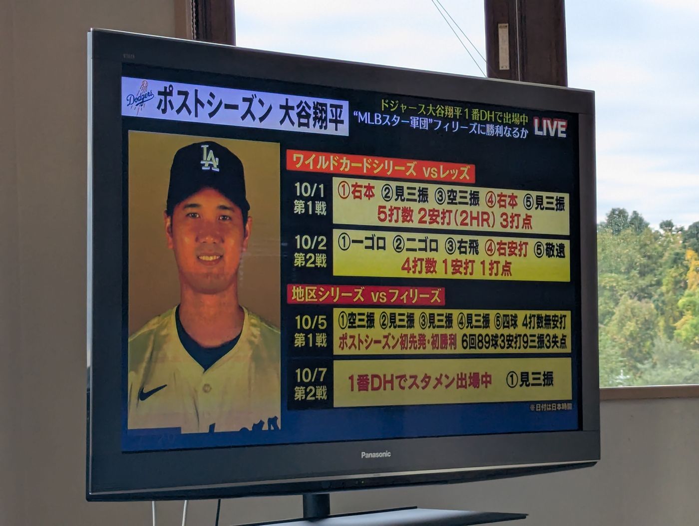 鳳乃舞温泉の休憩所のテレビでMLBポストシーズンの試合が流れている様子