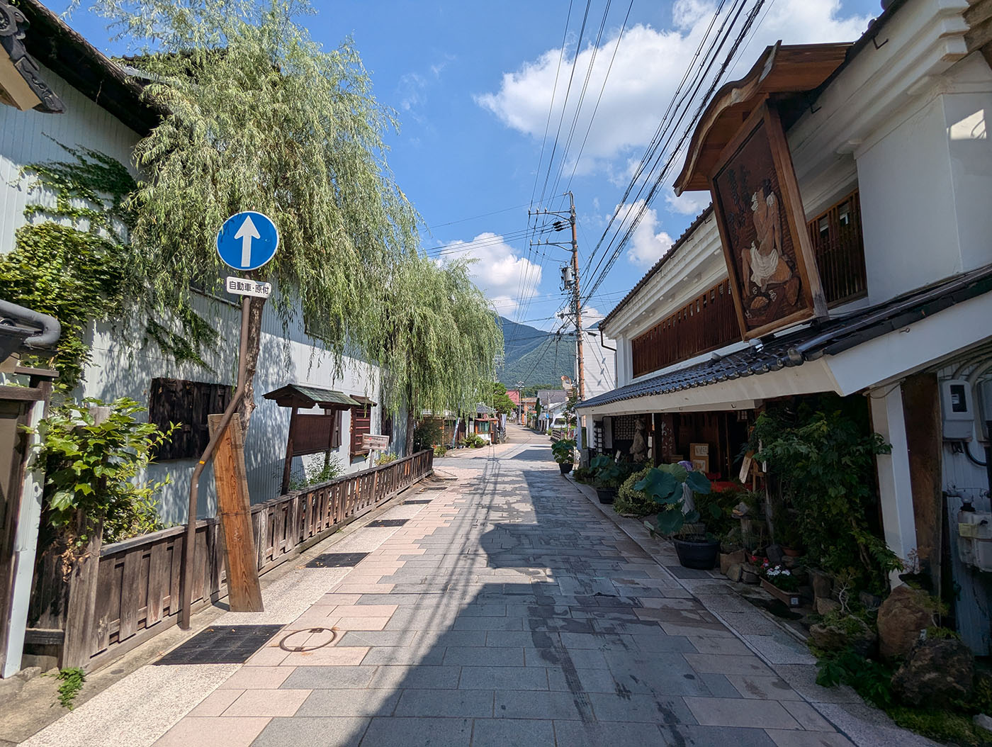 夏空の下、上田市の柳町通りを写した写真。柳の木が風に揺れ、白壁の町家と木の看板が並ぶ石畳の通りが奥へと続いている。正面には青い空と山の稜線が見える。
