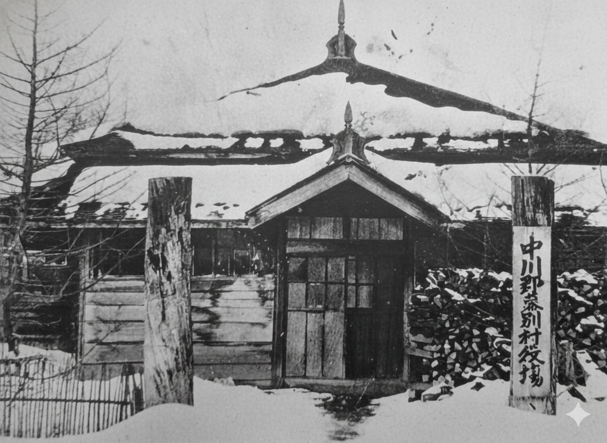 雪の中に建つ中川郡幕別村役場の古写真。木造の建物と門が写るモノクロ写真。