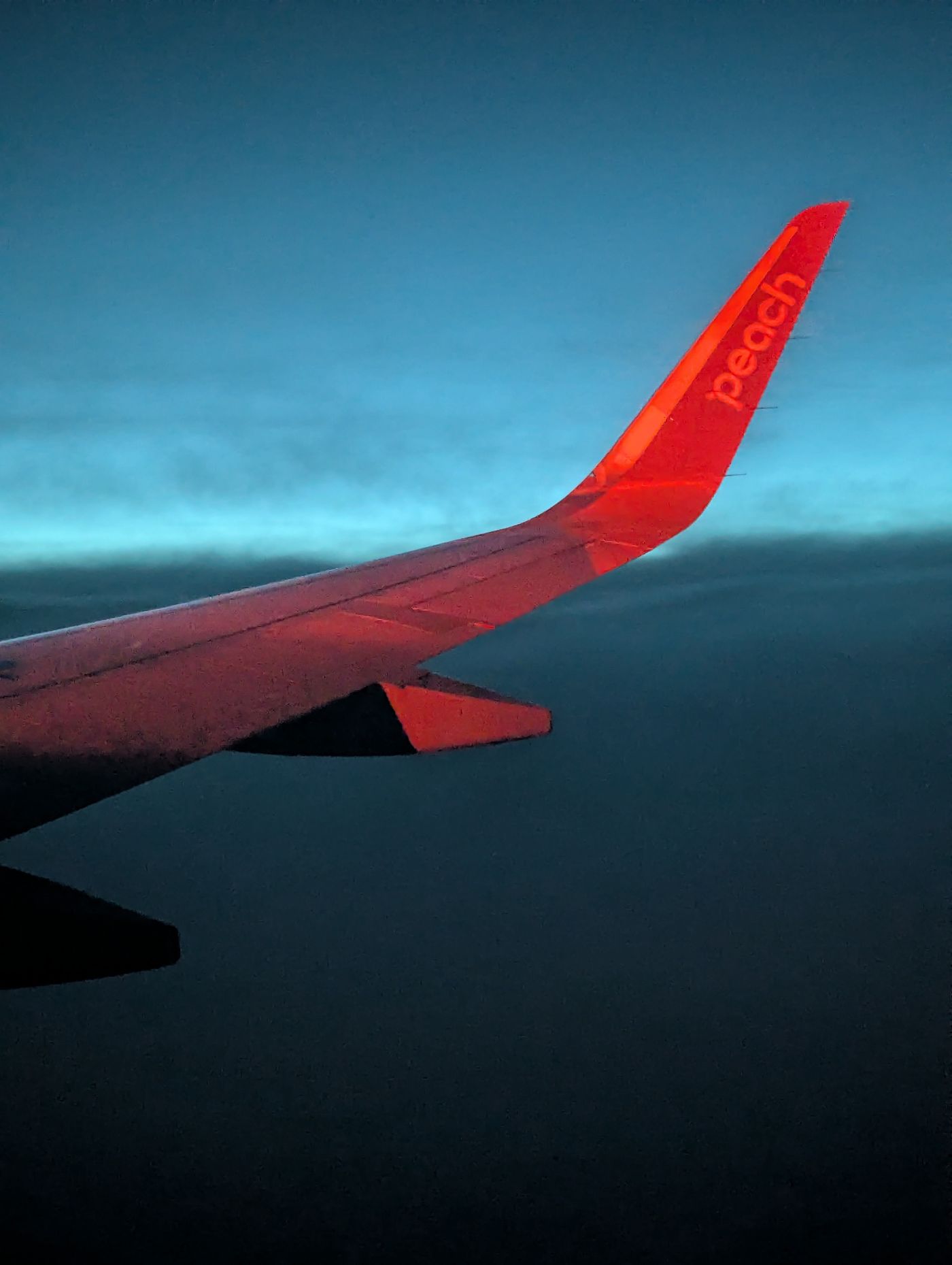 ピーチの飛行機の機体の翼が赤く燃えている